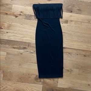 Black strapless ribbed midi bodycon dress